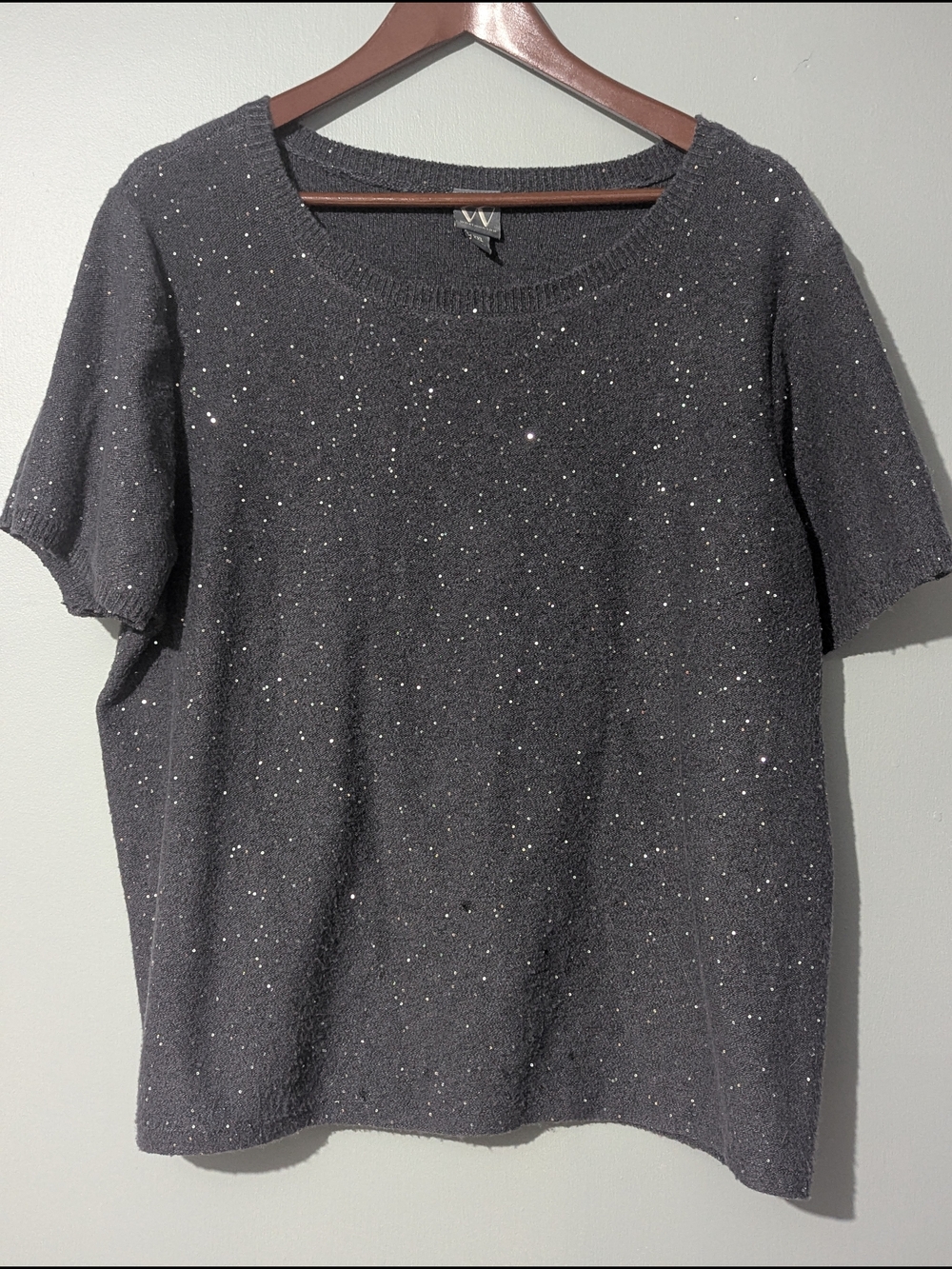 Worthington Womens Black Short-Sleeve Sequin Sparkle Metallic Knit Top Celestial